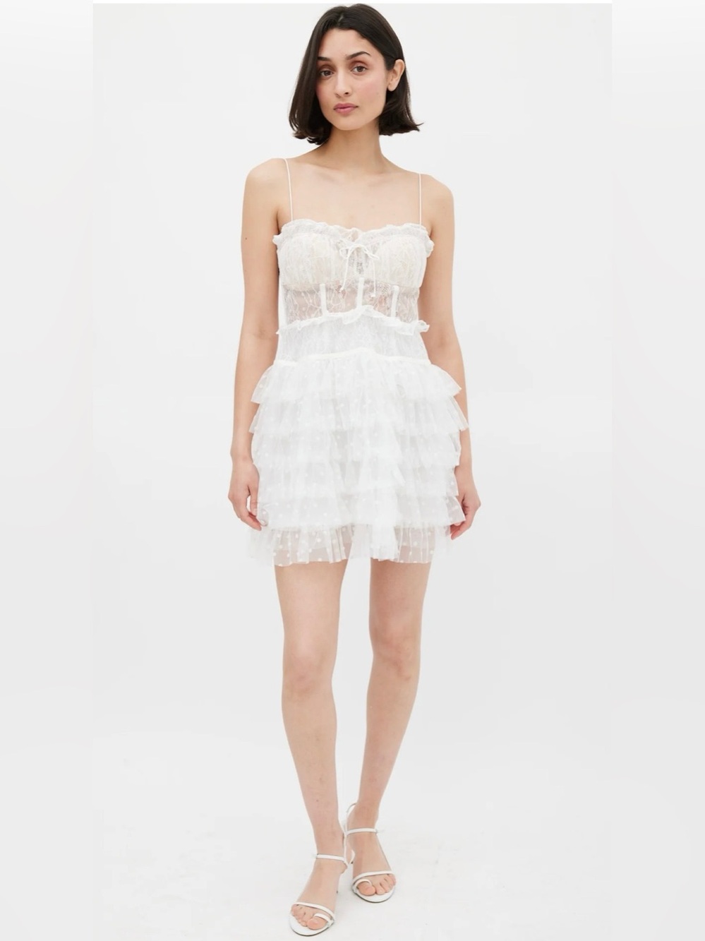 For Love and Lemons Ivory Lace Corset Ruffle Mini Dress